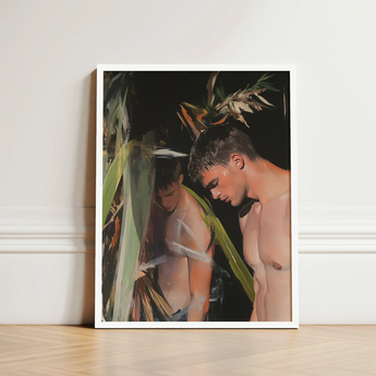 Framed Painting Two Shirtless Men Dark Hair Set Gay Surfers Cruising, Art Print, Man’s Hunger, Emerging