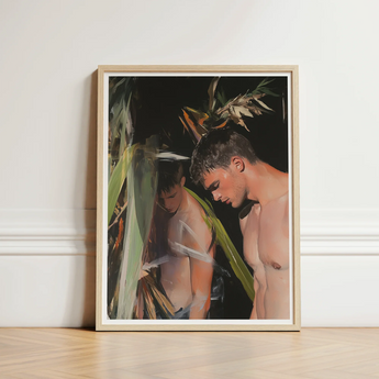 Framed Painting Two Shirtless Men Dimly Lit Leafy Gay Surfers Cruising, Art Print, Man’s Hunger, Emerging