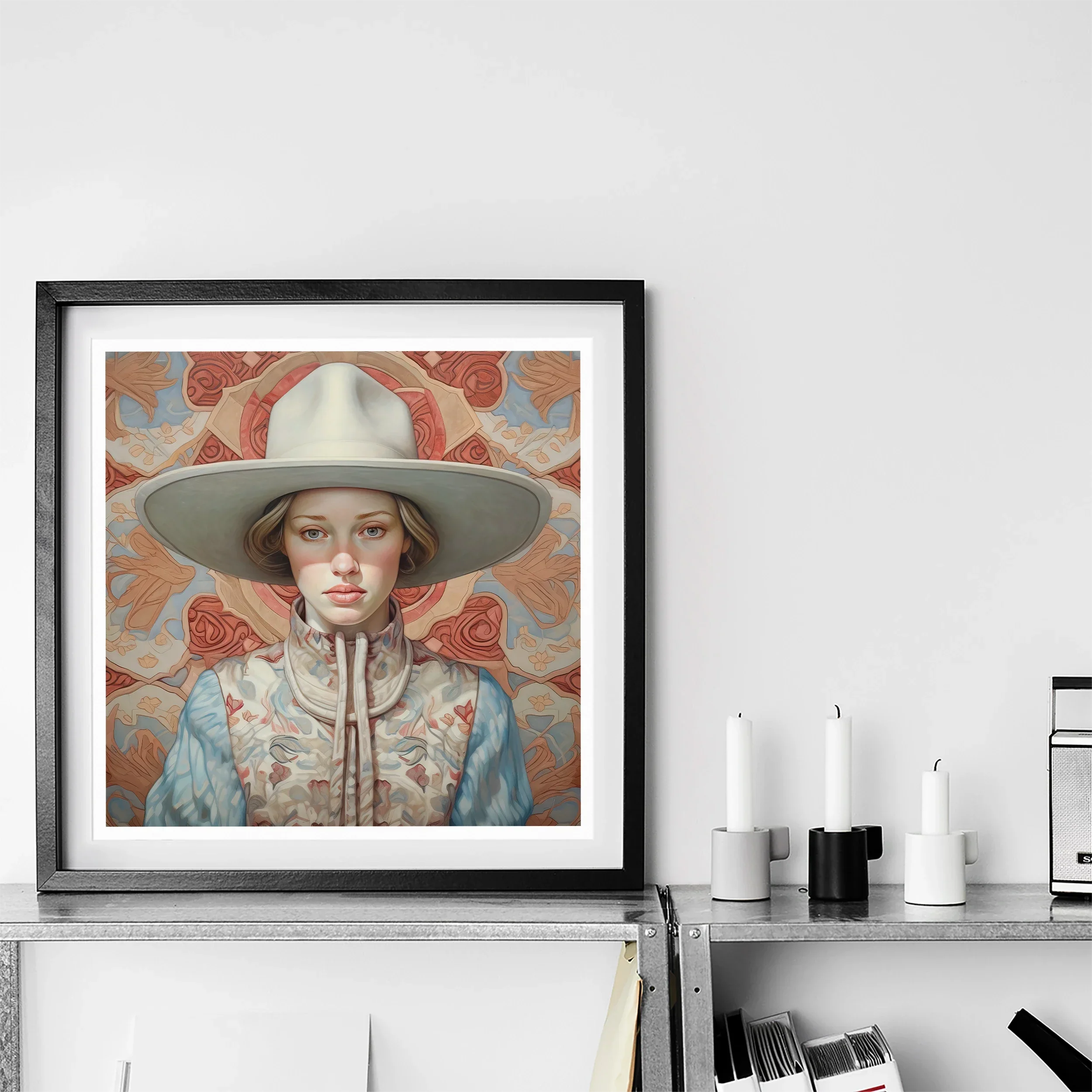 Lottie - Gold Star Lesbian Cowgirl Art Print, Framed Artwork Portrait Wide-brimmed Hat Coral-colored Decorative