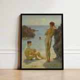 Lovers of the Sun - Henry Scott Tuke Fine Art Print / Canvas Black-framed Classical Beach Scene Two Nude, Cornish Coast Prints
