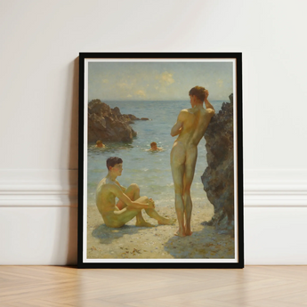 Lovers of the Sun - Henry Scott Tuke Fine Art Print / Canvas Black-framed Classical Beach Scene Nude Figures, Cornish Coast Prints