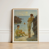 Lovers of the Sun - Henry Scott Tuke Fine Art Print / Canvas Beige-framed Classical Beach Scene Two Nude, Cornish Coast Prints