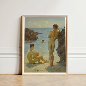 Lovers of the Sun - Henry Scott Tuke Fine Art Print / Canvas Beige-framed Classical Beach Scene Two Nude, Cornish Coast Prints
