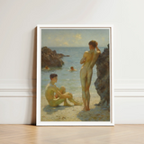 Lovers of the Sun - Henry Scott Tuke Fine Art Print / Canvas White-framed Two Nude Figures Seaside Rendered, Cornish Coast Prints