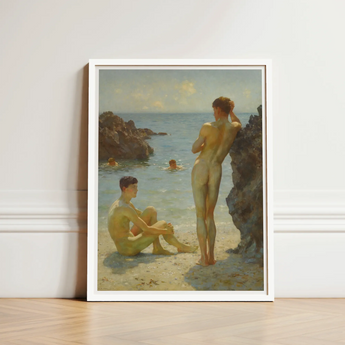 Lovers of the Sun - Henry Scott Tuke Fine Art Print / Canvas White-framed Two Nude Figures Seaside Rendered, Cornish Coast Prints