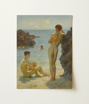 Rectangular Framed Painting Two Nude Figures Rocky Shoreline Henry Scott Tuke, Fine Art, Cornish Coast