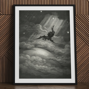 Lucifer Descends Upon Earth - Gustave Dore Art Print, 24x32’’ / 61x81cm / Black Frame / 2’’ Matboard, Framed Black White Print Winged Demon