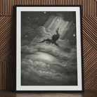 Lucifer Descends Upon Earth - Gustave Dore Art Print, 24x32’’ / 61x81cm / Black Frame / 2’’ Matboard, Framed Black White Print Winged Demon