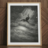 Lucifer Descends Upon Earth - Gustave Dore Art Print, 24x32’’ / 61x81cm / Natural Frame / 2’’ Matboard, Framed Black White Print Winged