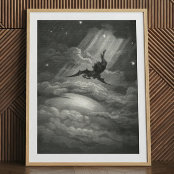 Lucifer Descends Upon Earth - Gustave Dore Art Print, 24x32’’ / 61x81cm / Natural Frame / 2’’ Matboard, Framed Black White Print Winged