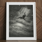 Lucifer Descends Upon Earth - Gustave Dore Art Print, 24x32’’ / 61x81cm / White Frame / 2’’ Matboard, Framed Black White Print Winged