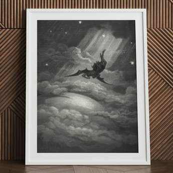 Lucifer Descends Upon Earth - Gustave Dore Art Print, 24x32’’ / 61x81cm / White Frame / 2’’ Matboard, Framed Black White Print Winged