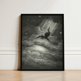 Lucifer Descends Upon Earth - Gustave Dore Art Print / Canvas Black-framed Artwork Dark Winged Figure Stormy Clouds Starlit, Night Uncoils,