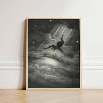 Lucifer Descends Upon Earth - Gustave Dore Art Print / Canvas Framed Black-and-white Artwork Dark Winged Figure Stormy Clouds, Night