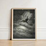 Lucifer Descends Upon Earth - Gustave Dore Art Print / Canvas Framed Black-and-white Illustration Winged Figure Clouds Radiant Light, Night