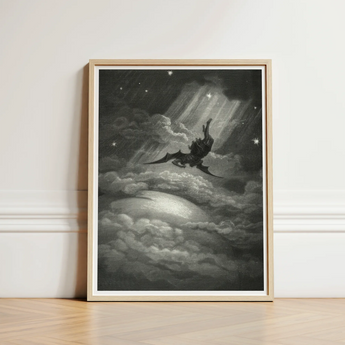 Lucifer Descends Upon Earth - Gustave Dore Art Print / Canvas Framed Black-and-white Illustration Winged Figure Clouds Radiant Light, Night