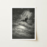 Lucifer Descends Upon Earth - Gustave Dore Art Print / Canvas Black-and-white Framed Artwork Dark Winged Figure Stormy Clouds, Night