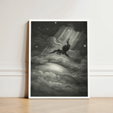 Lucifer Descends Upon Earth - Gustave Dore Art Print / Canvas Black White Framed Artwork Dark Winged Figure Stormy, Night Uncoils, Feathers