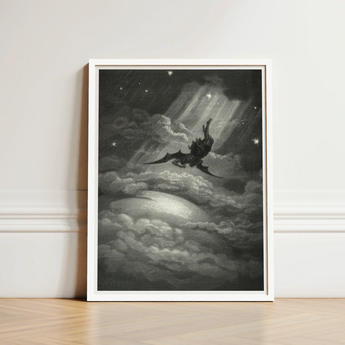 Lucifer Descends Upon Earth - Gustave Dore Art Print / Canvas Framed Black-and-white Illustration Winged Figure Clouds Starry Skies, Night