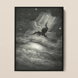 Lucifer Descends Upon Earth - Gustave Dore Art Print / Canvas Black-framed Artwork Dark Winged Figure Stormy Clouds Radiant Gustave Dore