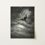 Lucifer Descends Upon Earth - Gustave Dore Art Print / Canvas Black-and-white Illustrated Canvas Winged Figure Stormy Clouds Radiant
