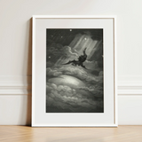 Lucifer Descends Upon Earth - Gustave Dore Art Print / Canvas Framed Black-and-white Illustration Dark Winged Figure Clouds Radiant Gustave