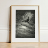 Lucifer Descends Upon Earth - Gustave Dore Art Print / Canvas Framed Black-and-white Illustration Dark Winged Figure Clouds Stars Gustave