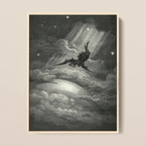 Lucifer Descends Upon Earth - Gustave Dore Art Print / Canvas Framed Black-and-white Illustration Winged Figure Stormy Clouds Celestial