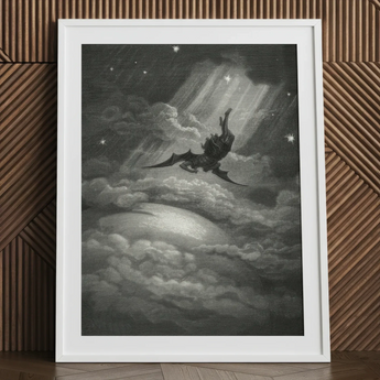 Lucifer Descends Upon Earth - Gustave Dore Art Print / Canvas Framed Black White Print Winged Figure Clouds Gustave Dore Art, Night