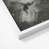Lucifer Descends Upon Earth - Gustave Dore Art Print / Canvas White Framed Black Artwork Winged Figure Stormy Skies, Night Uncoils,