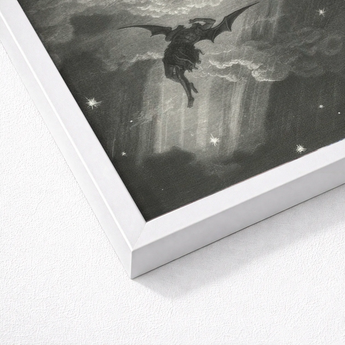 Lucifer Descends Upon Earth - Gustave Dore Art Print / Canvas White Framed Black Artwork Winged Figure Stormy Skies, Night Uncoils,