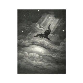 Lucifer Descends Upon Earth - Gustave Dore Art Print, Dark Winged Figure Clouds Illuminated Rays Light Surrounded