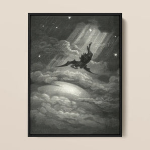 Lucifer Descends Upon Earth - Gustave Dore Framed Canvas, 12x16’’ / 31x41cm / Black Floating Frame, Framed Monochrome Print Winged Figure