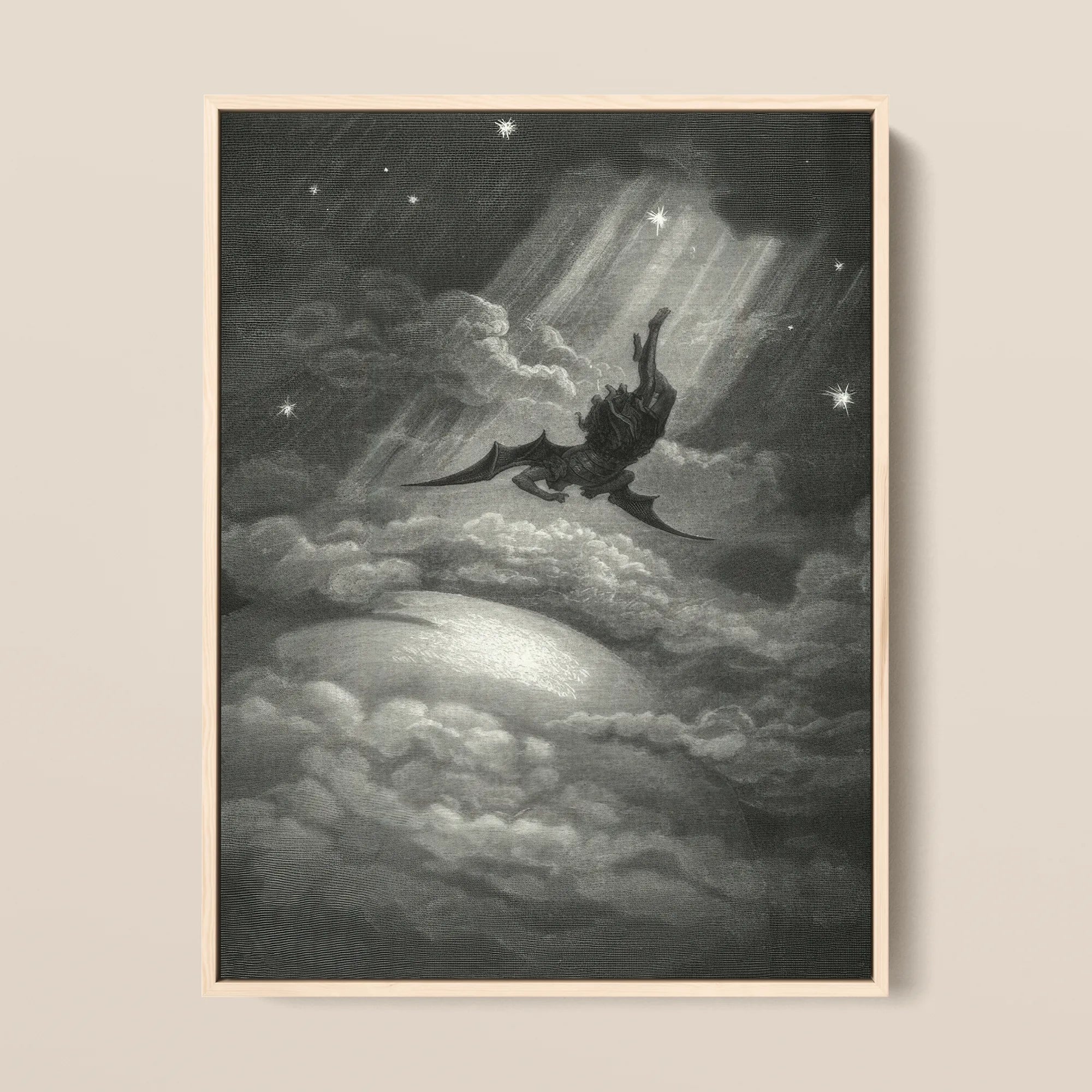 Lucifer Descends Upon Earth - Gustave Dore Framed Canvas, 12x16’’ / 31x41cm / Natural Floating Frame, Framed Black White Lithograph Fall