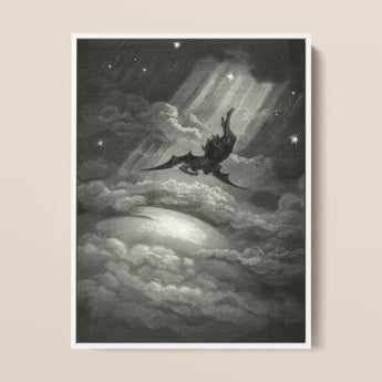 Lucifer Descends Upon Earth - Gustave Dore Framed Canvas, 12x16’’ / 31x41cm / White Floating Frame, Framed Monochromatic Print Winged