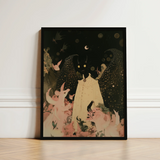 Framed Fantasy Illustration Central Figure Off-white Gown Surrounded Cute Devil Child, Lucius Returns, Art