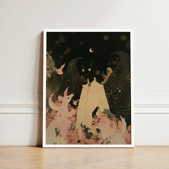 Framed Artwork Whimsical Illustration Black Cat Cream-colored Dress Cute Devil Child, Lucius Returns, Art