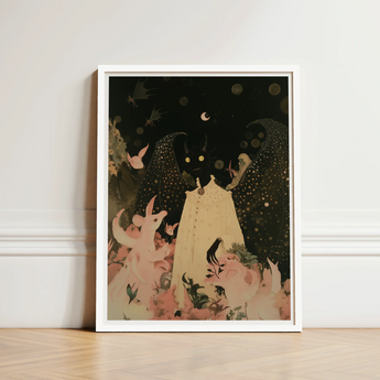 White-framed Art Print Whimsical Illustration Figure Off-white Gown Cute Devil Child, Lucius Returns