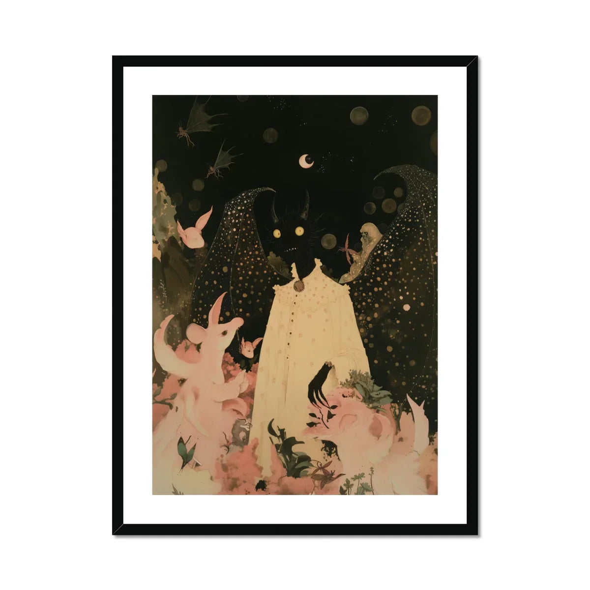 Lucius Cute Devil Child Art Print, Framed Artwork Ethereal Figures Creatures Among Pink Clouds