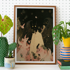 Lucius Cute Devil Child Art Print, Framed Artwork Whimsical Night Scene Figures Flowers Crescent