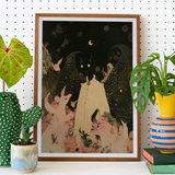 Lucius - Cute Devil Child Art Print, Framed Artwork Whimsical Night Scene Figures Flowers Crescent