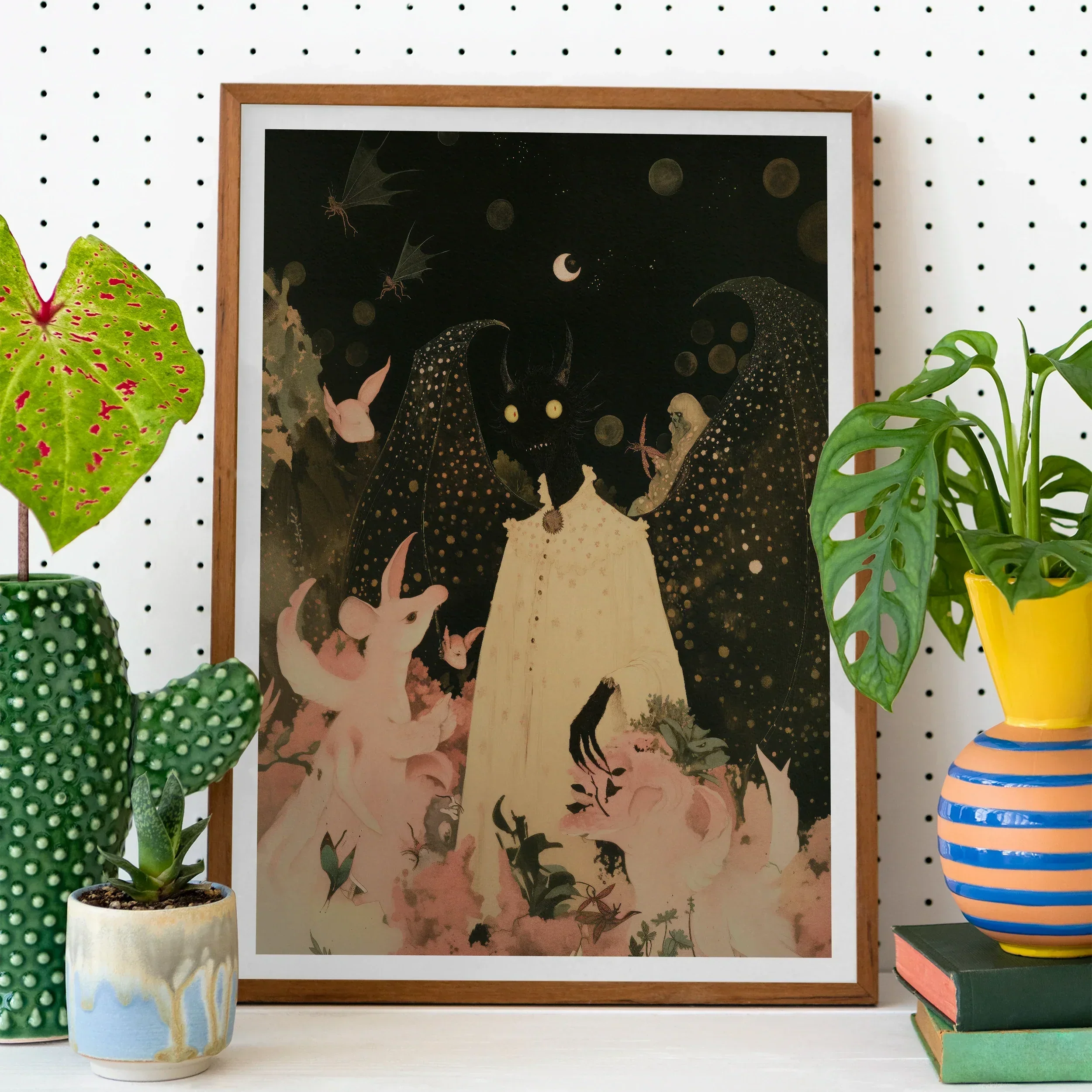 Lucius Cute Devil Child Art Print, Framed Artwork Whimsical Night Scene Figures Flowers Crescent