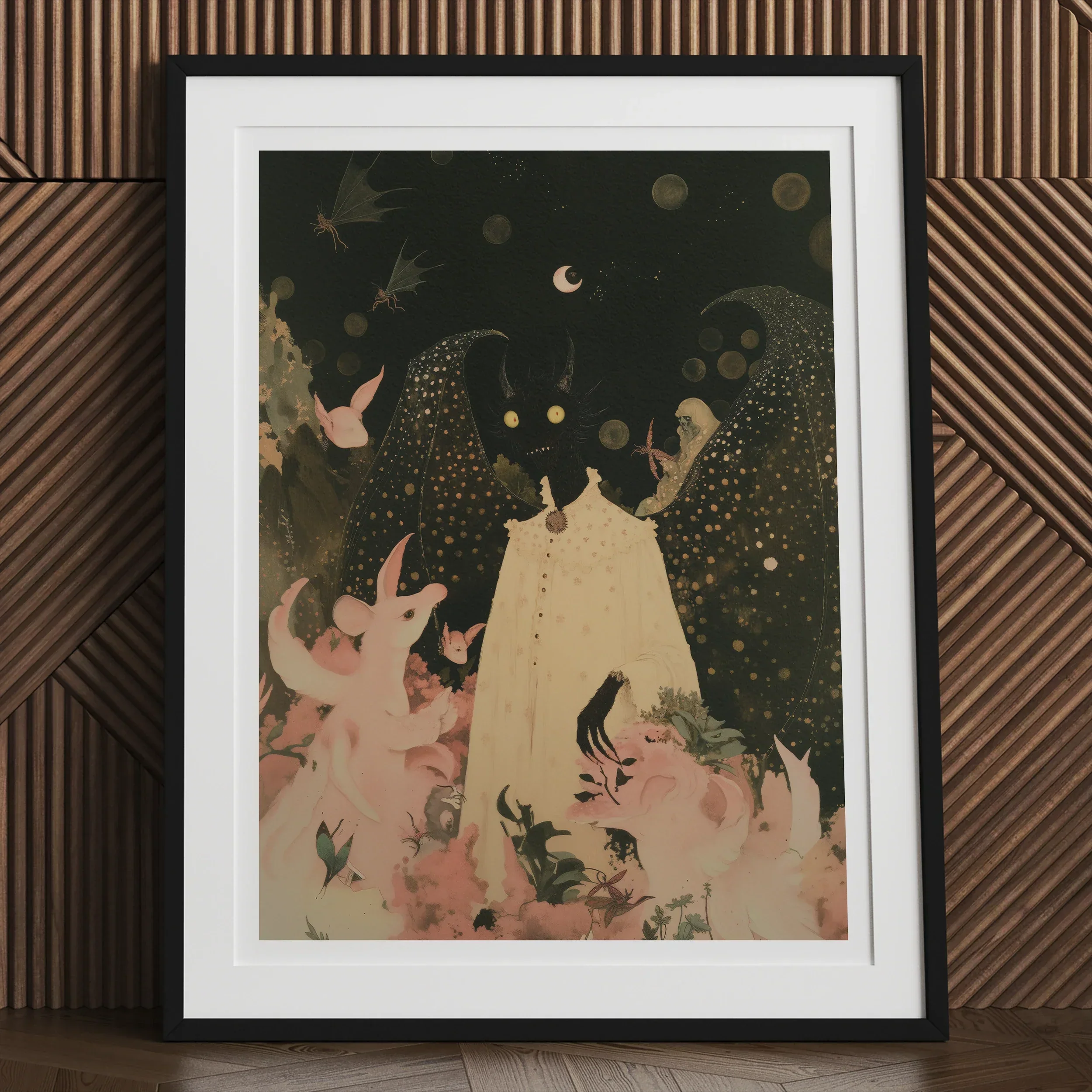 Lucius - Cute Devil Child Art Print, Framed Artwork Whimsical Nighttime Scene Ethereal Figures Creatures