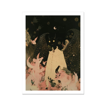 Lucius - Cute Devil Child Art Print, Shadowy Figure Yellow Eyes Surrounded Pink Creatures