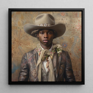 Lysander - Gay Black Cowboy Dandy Framed Canvas, 12x12’’ / 31x31cm / Floating Frame, Portrait Young Person Cowboy Hat Ornate Jacket Flowers