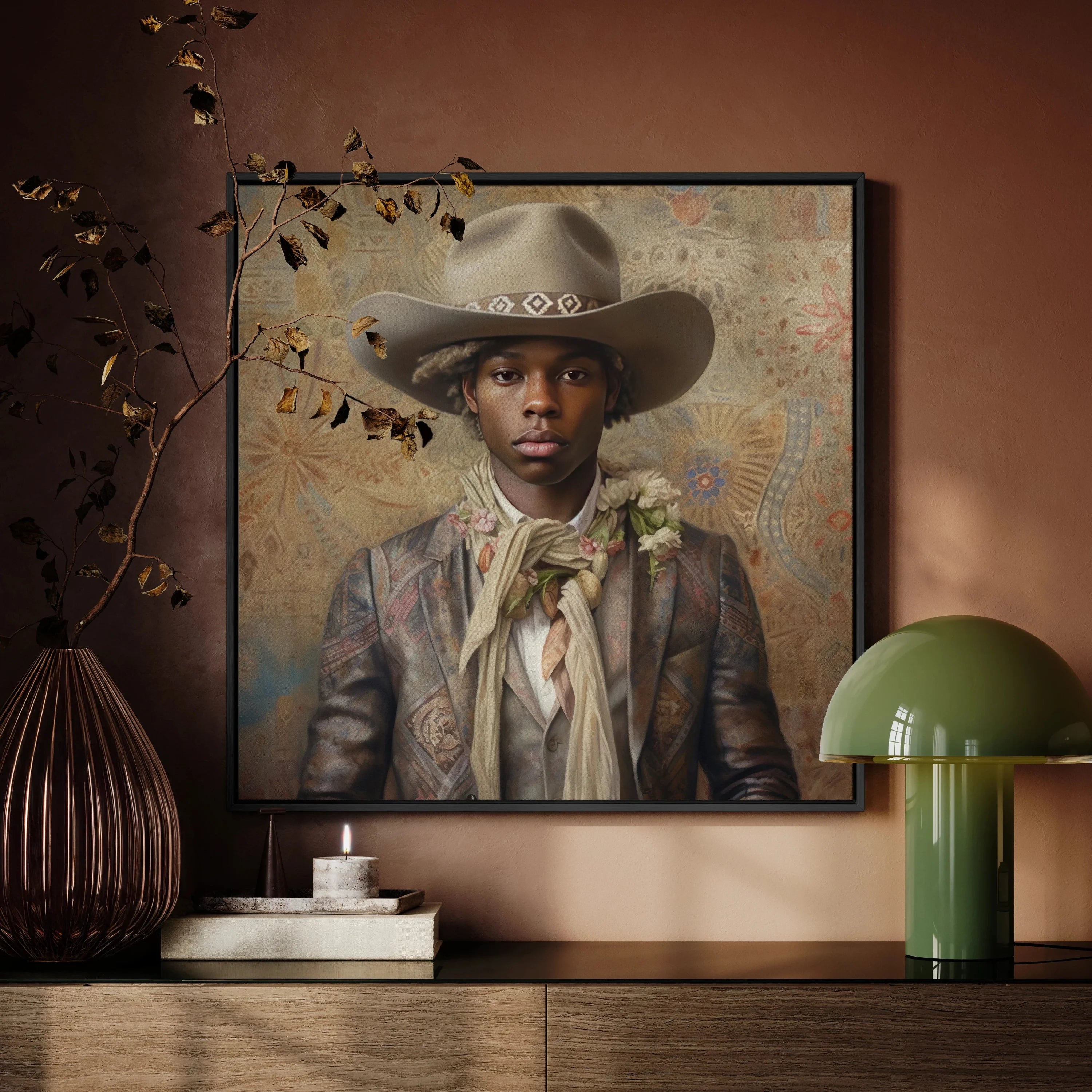 Lysander - Gay Black Cowboy Dandy Framed Canvas, Portrait Young Person Cowboy Hat Vintage-style Clothing
