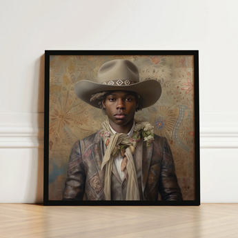 Framed Portrait Man Beige Cowboy Hat Geometric Brown Dandy Gay, Elegant Afroamerican Outlaw’s, Spirit’s Queer