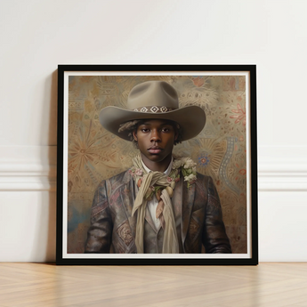 Framed Portrait Man Beige Cowboy Hat Decorative Band Dandy Gay, Elegant Afroamerican Outlaw’s, Spirit’s Queer
