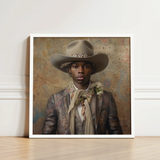 Framed Portrait Man Beige Cowboy Hat Geometric Dark Dandy Gay, Elegant Afroamerican Outlaw’s, Spirit’s Queer