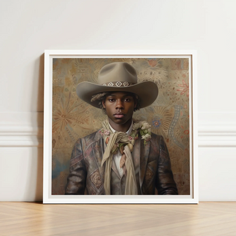 Framed Portrait Man Beige Cowboy Hat Decorative Band Dandy Gay, Elegant Afroamerican Outlaw’s, Spirit’s Queer